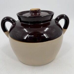 Vintage Stoneware Bean Pot with Lid Two Tone Brown Beige Kitchen Country‎ Decor